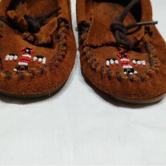 Minnetonka Thunderbird Beaded Brown Suede Moccasins 11 - Picture 3 of 9